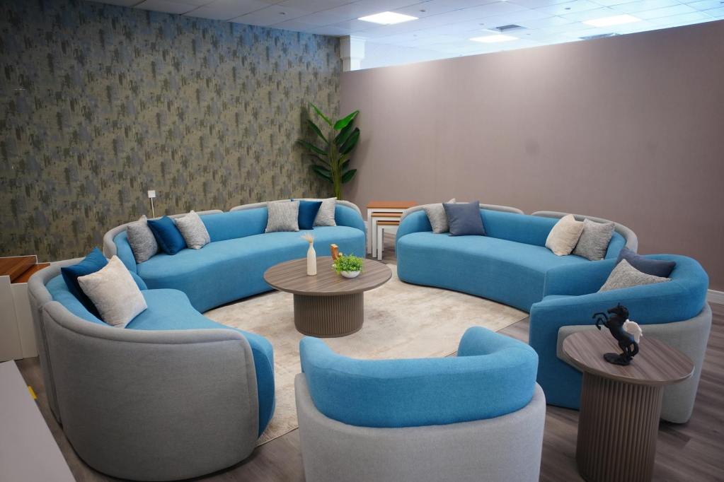 modern circular living room with blue sofas